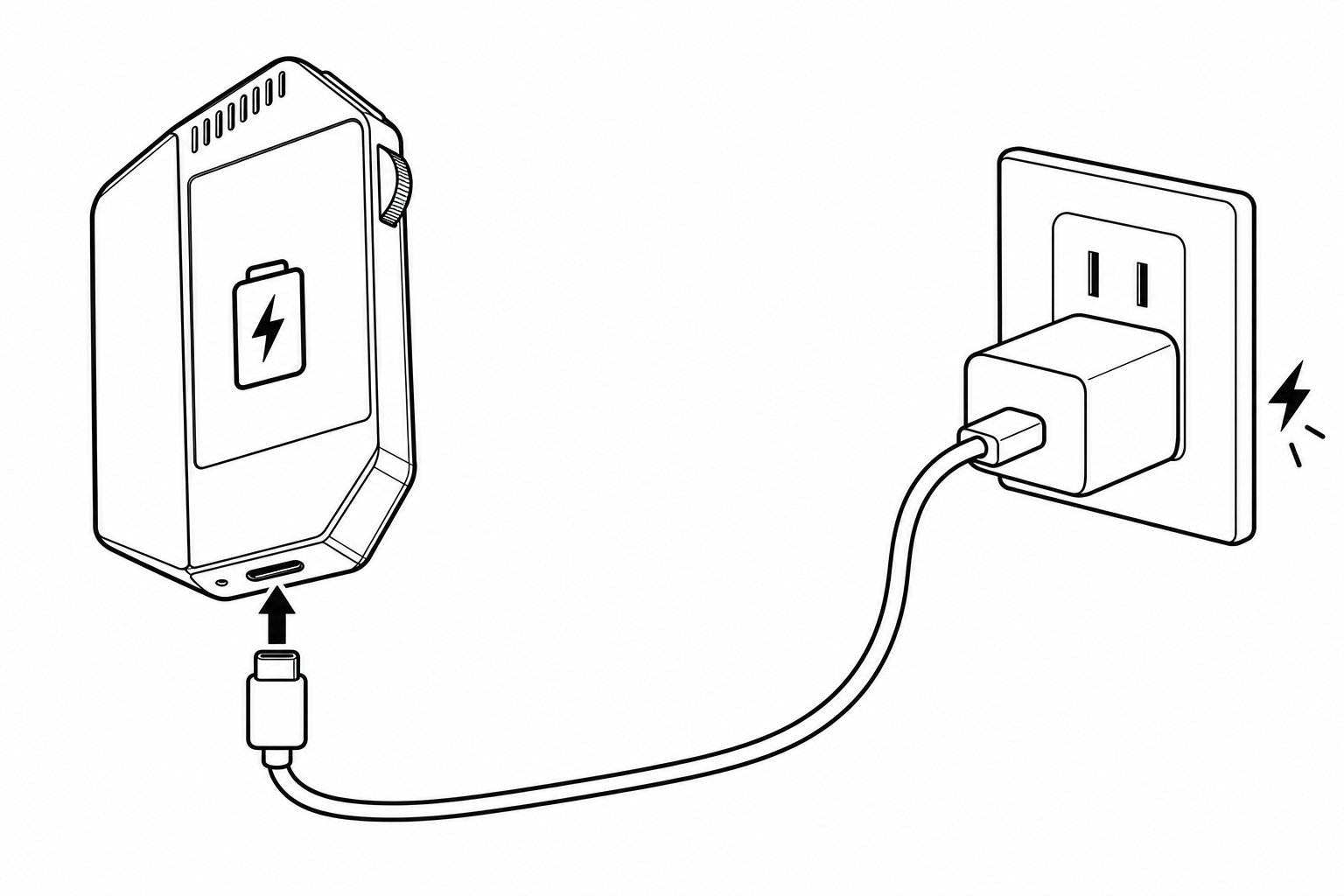 USB-C 线连接主机与已接通电源的充电器，箭头表示插入方向 / USB-C cable connecting the device to a powered charger, with an insertion arrow